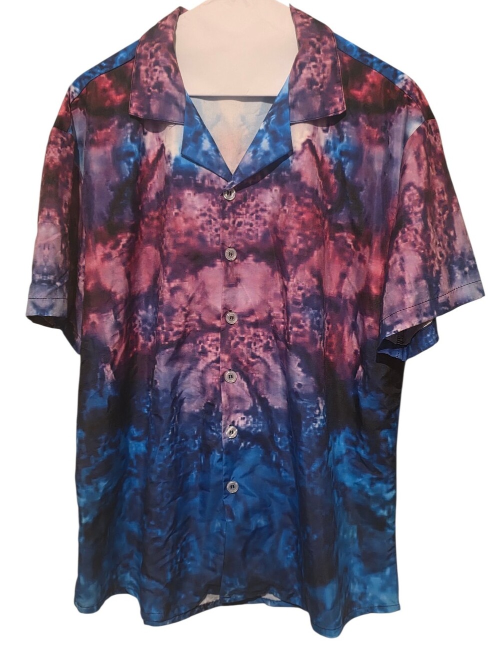 Cosmic Tie Dye Button Up Camp Shirt Blue Pink Purple Size M EUC